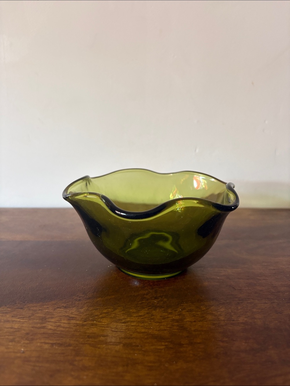 INDIANA GLASS - Olive Green Ruffled Glass Dip Bowl